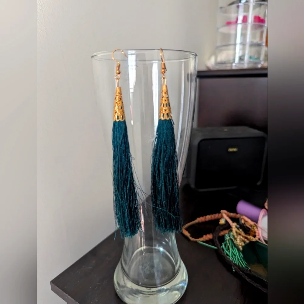 Elegant Gold and Green Tassel Earrings 5